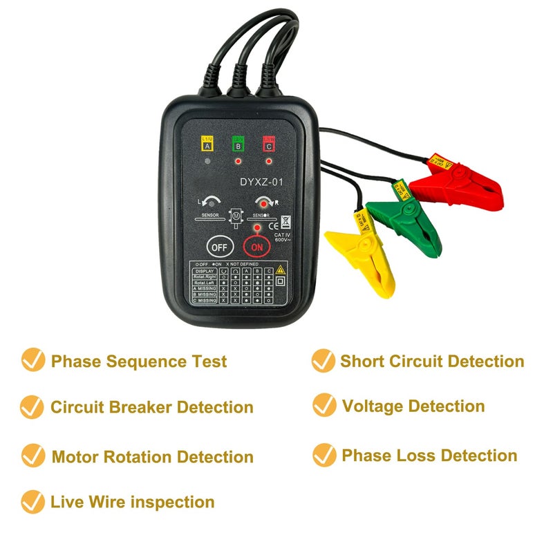 Vanlison Non-Contact 3 Phase Rotation Meter | Motor Rotation Tester for AC 70V-600V | Phase Sequence, Live Wire & Circuit Break Detector | Auto Power-Off, 20" Clamps | Professional Electrician Tool Kit - Image 2